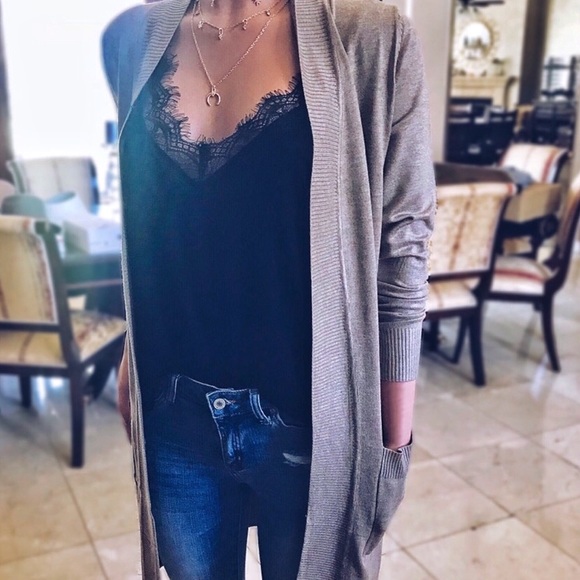 Ribbed Trim Soft Cozy Knit Long Cardigan Gray - Picture 3 of 6